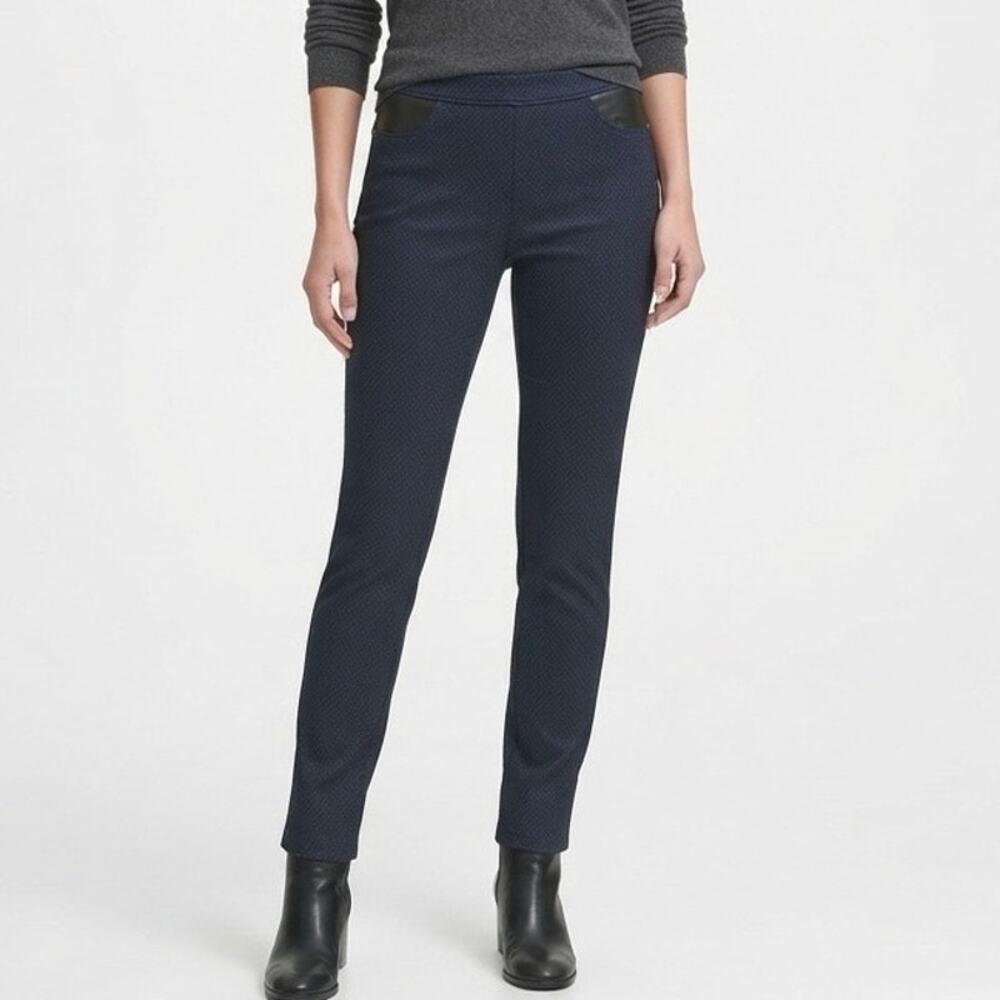 DKNY Jeans Navy Blue Patterned  Ponte Pull On Pants Faux Leather Accents Size L